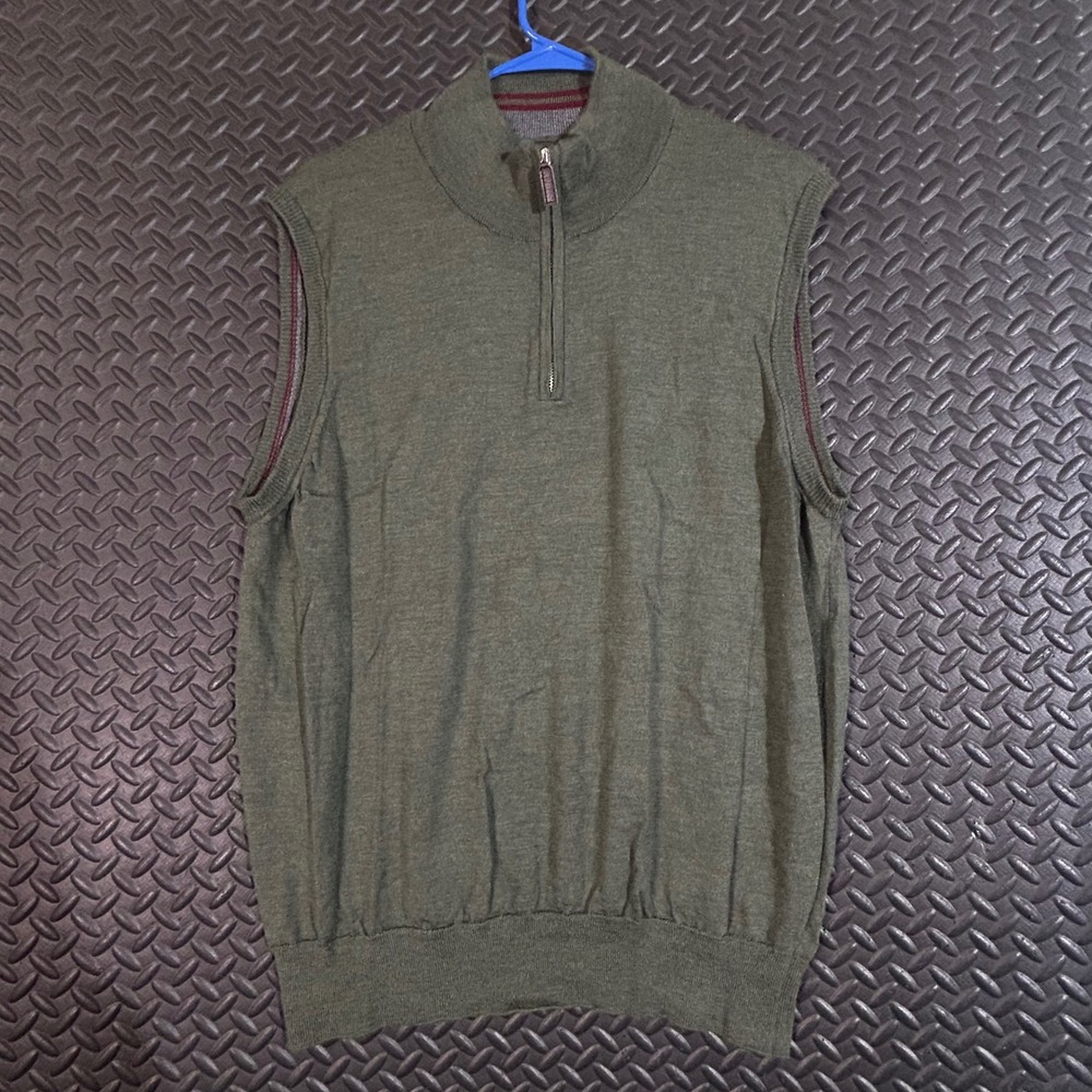 Tom James Olive Green Knit 1/4 Zip‎ Sweater Vest Made In Italy Men's Size XL